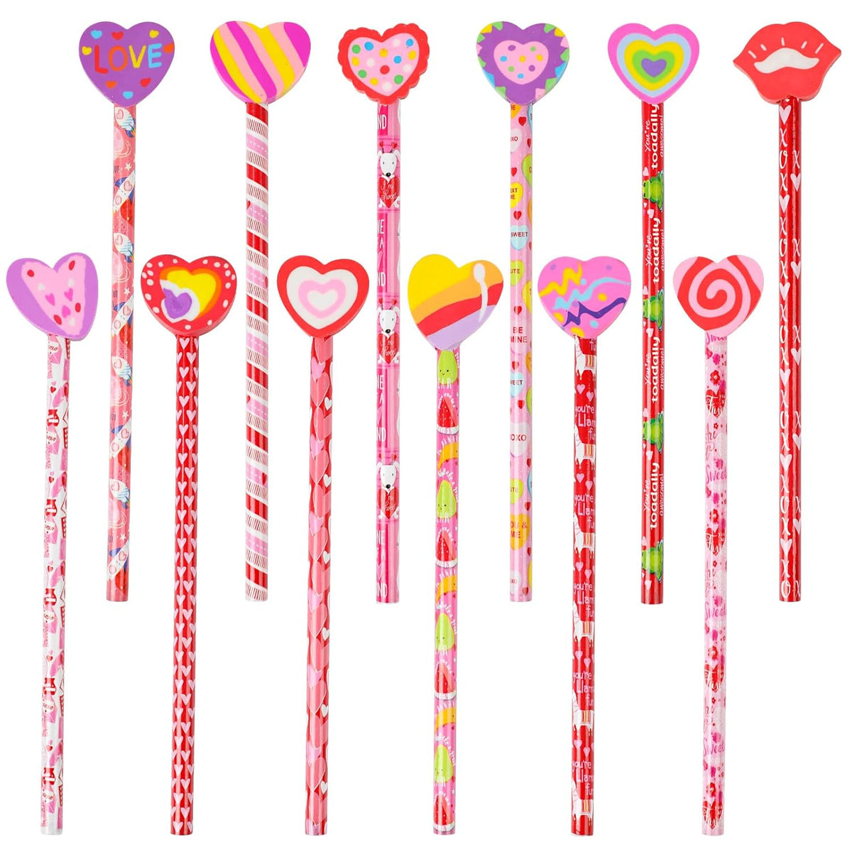 24Pcs Valentine'S Day Pencils With Erasers Topper Decorated With Love Hearts Lips Assortment Valentine Stationery Pencil Bulk For Valentine'S Day Goodie Bag Filler School Teacher