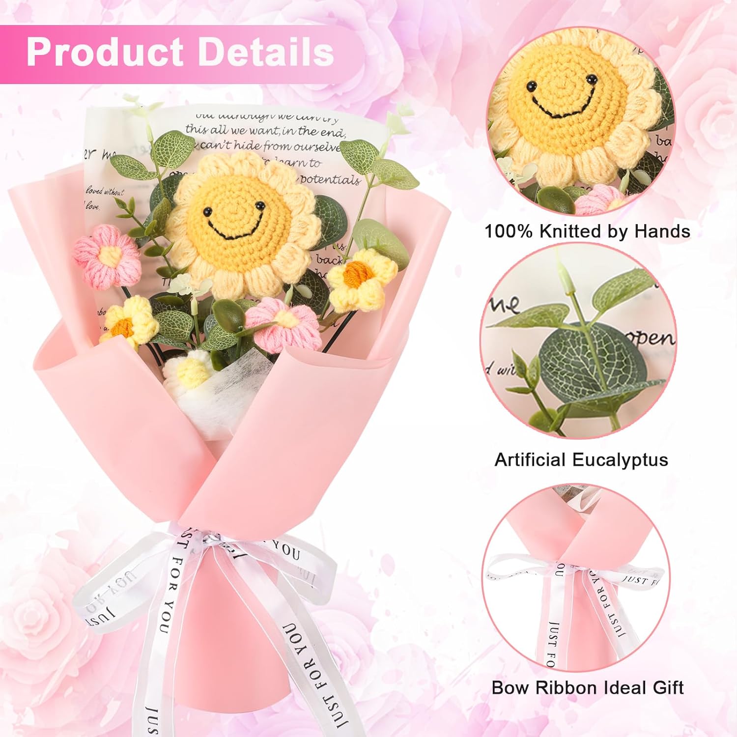 Completed Crochet Flowers Bouquet, Knitted Flowers Rose Daisy Sunflowers Artificial Mix Handmade Bouquet For Lover Mother Father Teachers Home Decor(Smile Sunflower-Pink