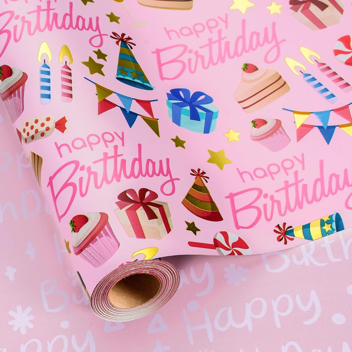 Pink Wrapping Paper, Reversible Happy Birthday Letterings & Festive Party Icons Gift Wrap For Girls, Birthday, Baby Shower, Party (17 Inch X 16.5 Feet)