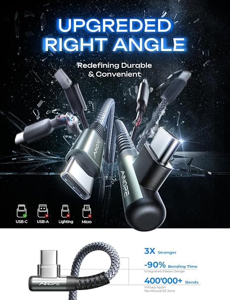 2 Pack 60W USB C to USB C Fast Charging Cable 6.6FT Right Angle Type C Charger for iPhone 17 16 15 Samsung iPad MacBook