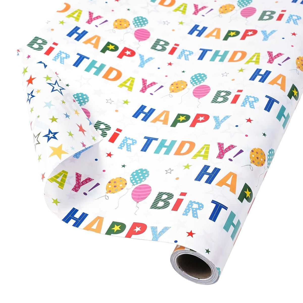 Reversible Birthday Wrapping Paper Roll For Boys Girls Kids - Mini Roll - 17 Inches X 33 Feet - Colorful Happy Birthday Lettering Balloon And Stars Design For Boy Girls Kids
