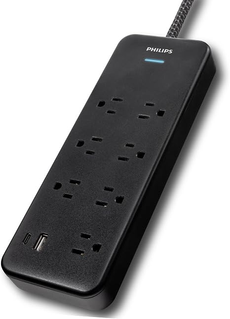 Philips 7 Outlet Surge Protector 1 USB A 1 USB C 6FT Braided Cord