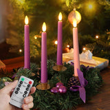 Flameless Advent Candles - Purple And Pink, 8 Inch Battery Operated Led Taper Candles With Remote Timer, 3D Wick Warm White Flicker Flame For Christmas Rituals And Wreath, Set Of 4