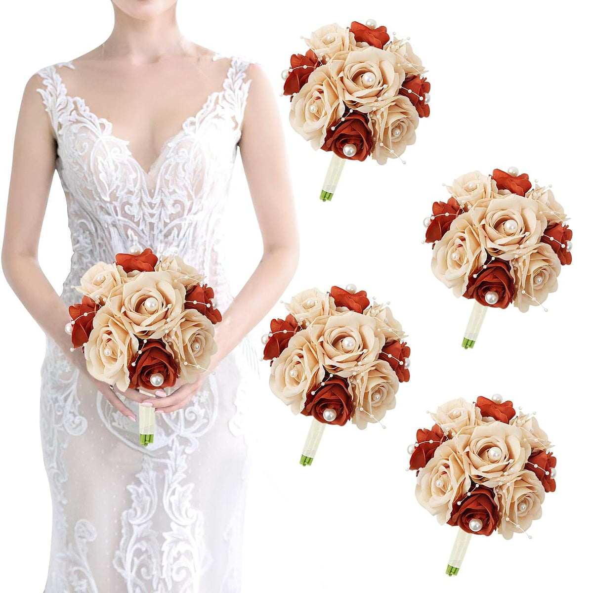 Wedding Bridesmaid Bouquet Set Of 4 - Artificial Flowers Bouquets For Bridesmaids Pre-Made 7 Inch Faux Small Floral Bouquets Bridal Shower, Wedding, Ceremony, Anniversary - Champagne & Burnt Orange