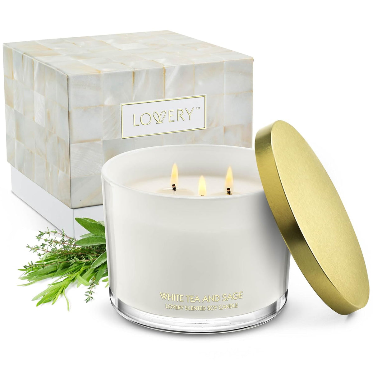 Luxury White Tea & Sage Scented Candles, Large Soy Candles, 3 Wick Aromatherapy Candle, Wedding Gift, Birthday Gifts For Women, Men, Mom, Stress Relief Relaxation Gifts, Candles For Home Scented