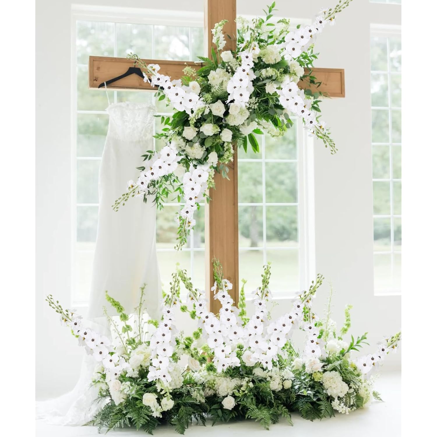 42'' Long Stem White Delphinium Artificial Flowers For Tall Vases 4Pcs Fake Hollyhock Silk Flowers Realistic Larkspur Faux Flower For Home Wedding Table Decor Floral Arrangement (Pure White)