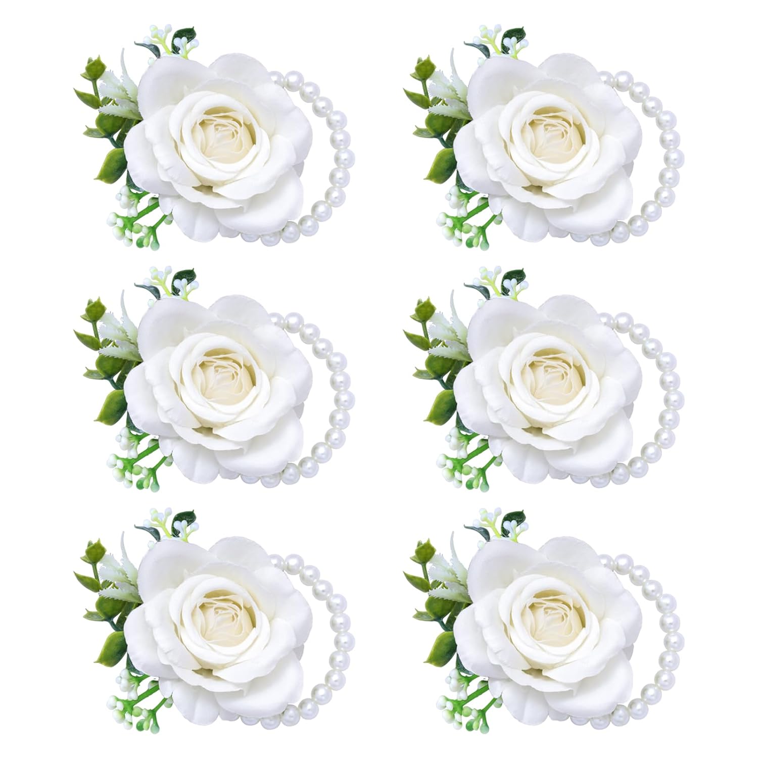 Ivory Rose Wrist Corsage Wristlet Band Bracelet For Women Set Of 6 Wedding Bride Bridesmaid Wrist Corsage Artificial Flowers For Wedding Ceremony Anniversary Prom Flowers Formal Dinner Party(6, White)