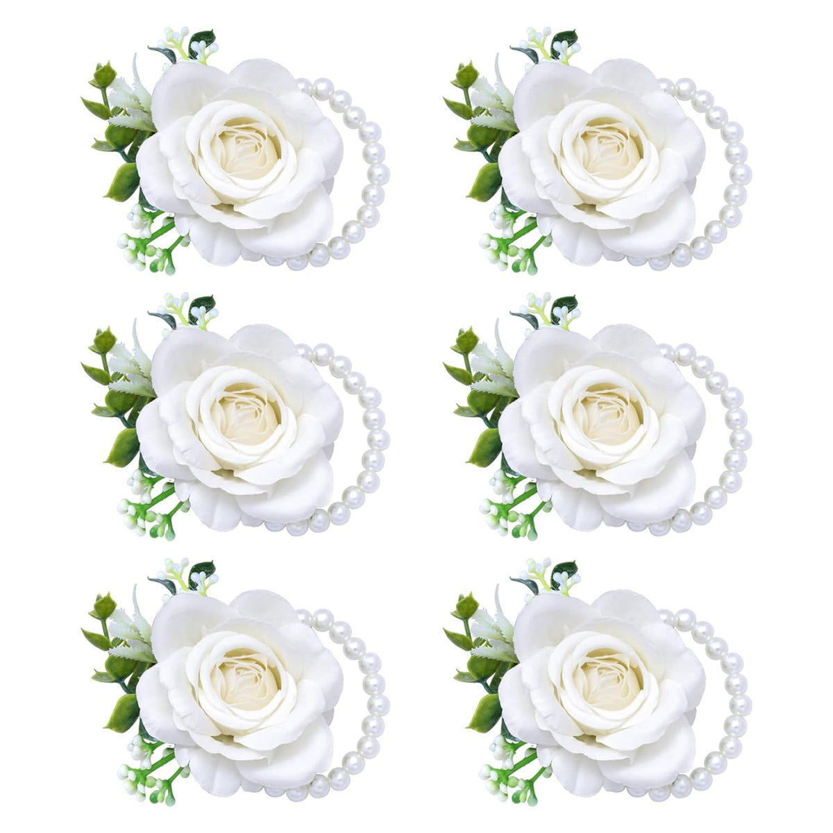 Ivory Rose Wrist Corsage Wristlet Band Bracelet For Women Set Of 6 Wedding Bride Bridesmaid Wrist Corsage Artificial Flowers For Wedding Ceremony Anniversary Prom Flowers Formal Dinner Party(6, White)