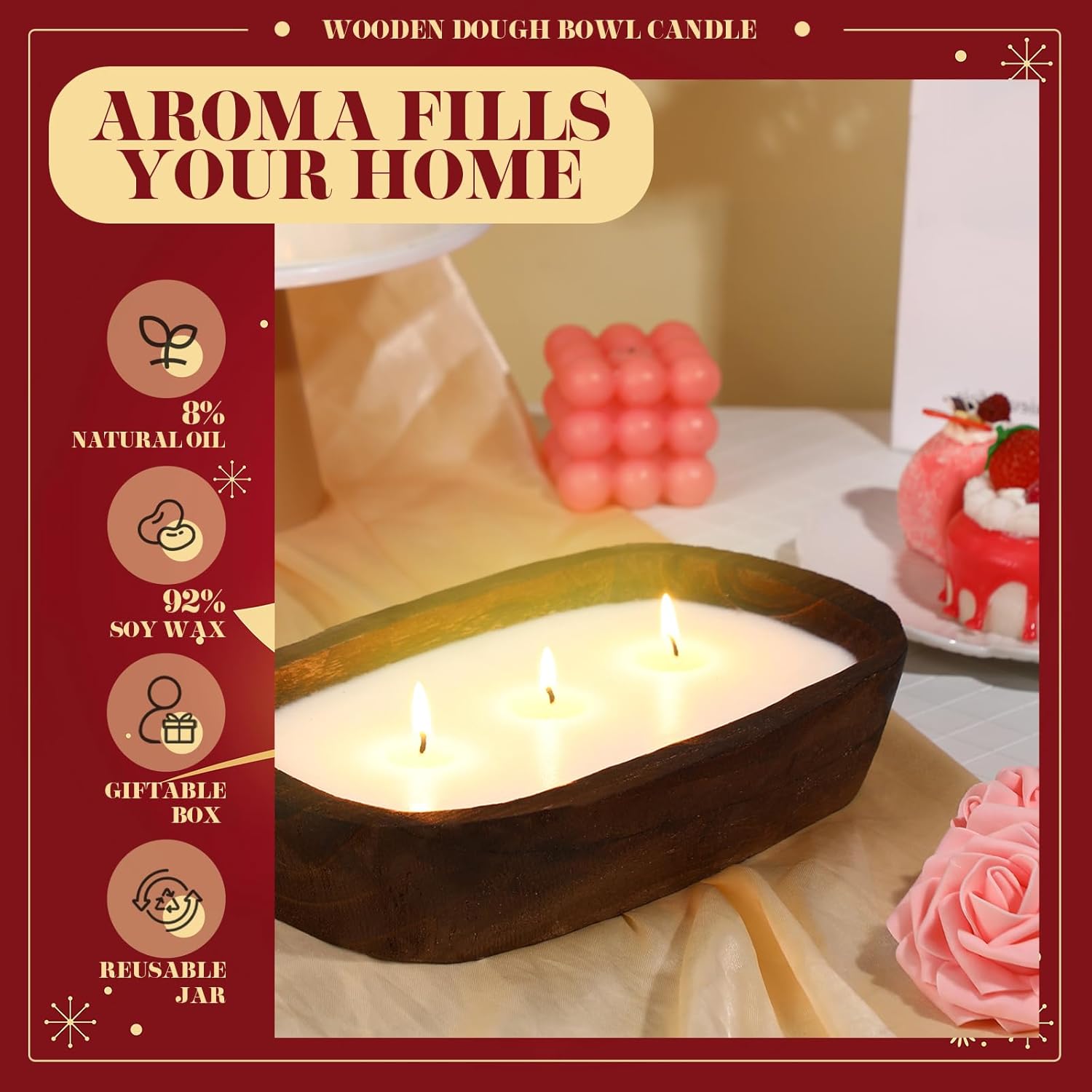 1 Pack 10 Oz Wood Dough Bowl Candles Home Rustic Dough Bowl Soy Candle 3 Wick Scented Candles Gifts For Men Women Farmhouse Table Centerpiece Home Decor For Christmas(Apple Cinnamon)