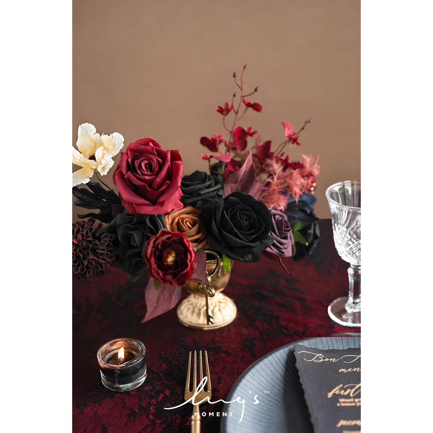 Fake Flowers Box, Faux Artificial Greenery Stems Foam Roses Dahlia Silk Maple Leaf Fabic Flower For Centerpieces Bouquet Wedding Vase Floral Decorations, Burgundy & Black, Mini Combo