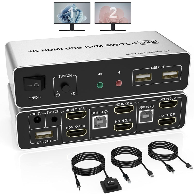 Kvm Switch Dual Monitor Hdmi 2 Port, Supports Edid, Hdmi 4K 60Hz For 2 Compute