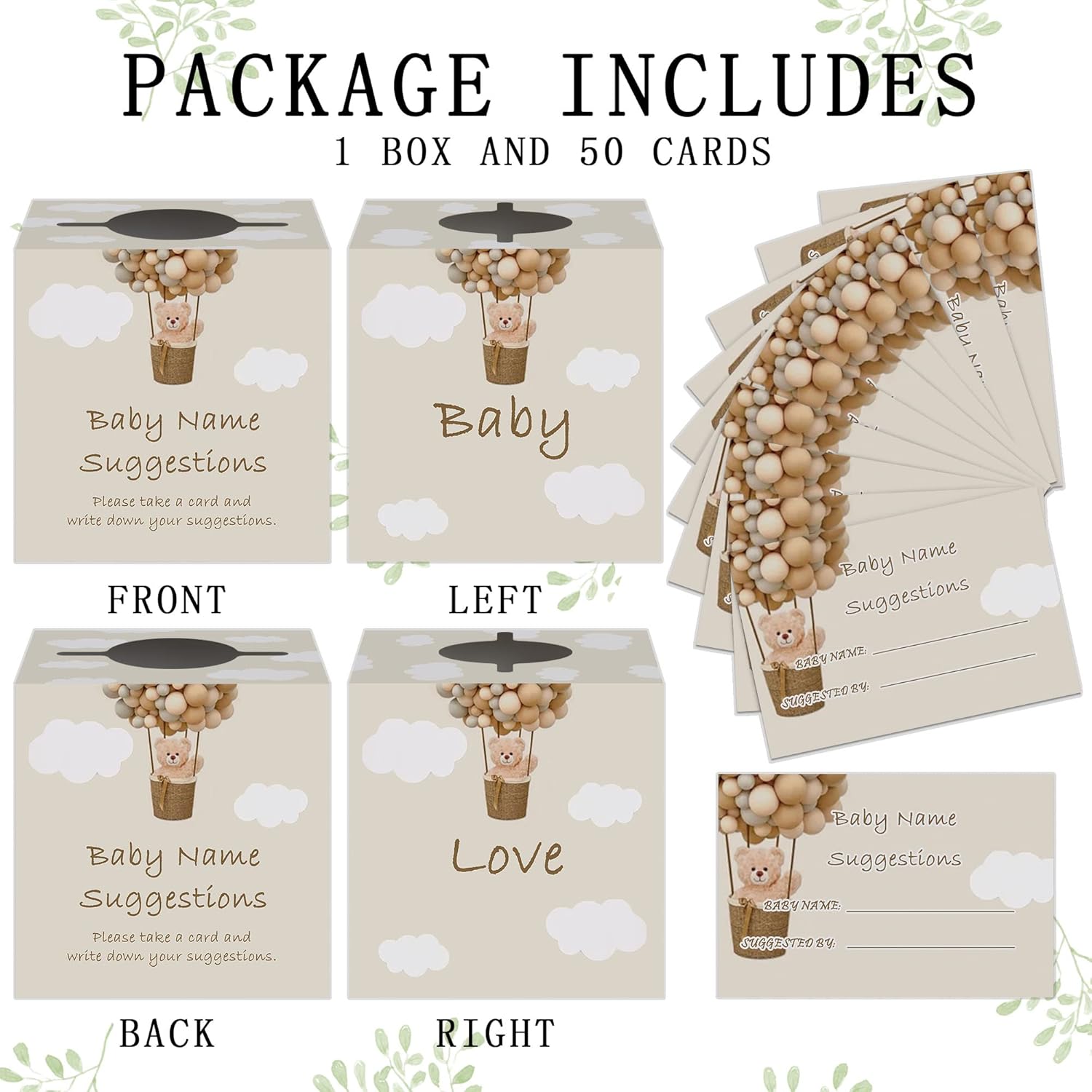 Baby Name Suggestion Cards With Box, Bear Balloon Themed Name Suggestion Tickets For Baby Shower, Baby Shower Games, Party Games Decorations Supplies, 1 Name Suggestion Card Collection Box & 50 Cards