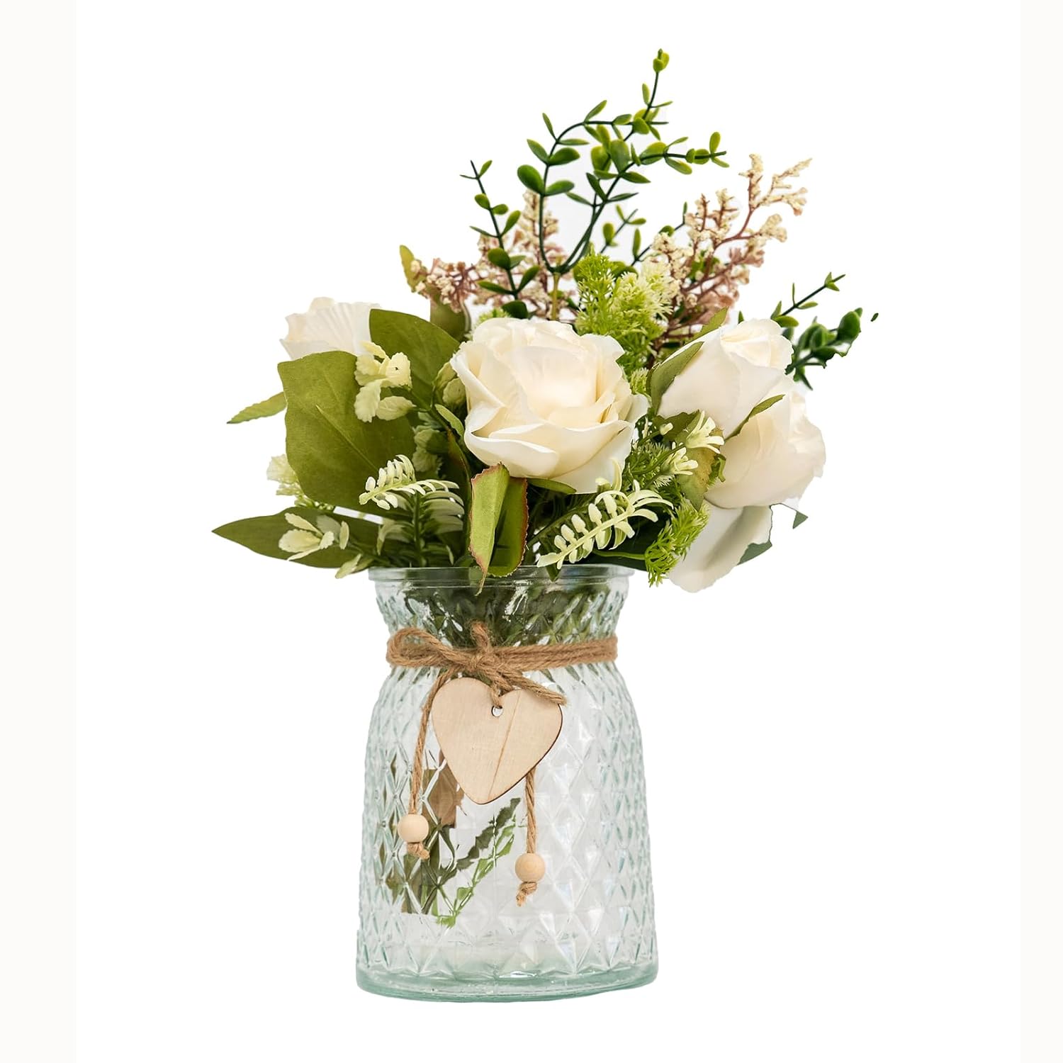 Artificial Flowers With Vase, Faux Silk Roses In Vase, Fake Plant Eucalyptus Flower Arrangement For Office Home Farmhouse Bathroom Dining Table Centerpiece Decorations Coffee Table Decor
