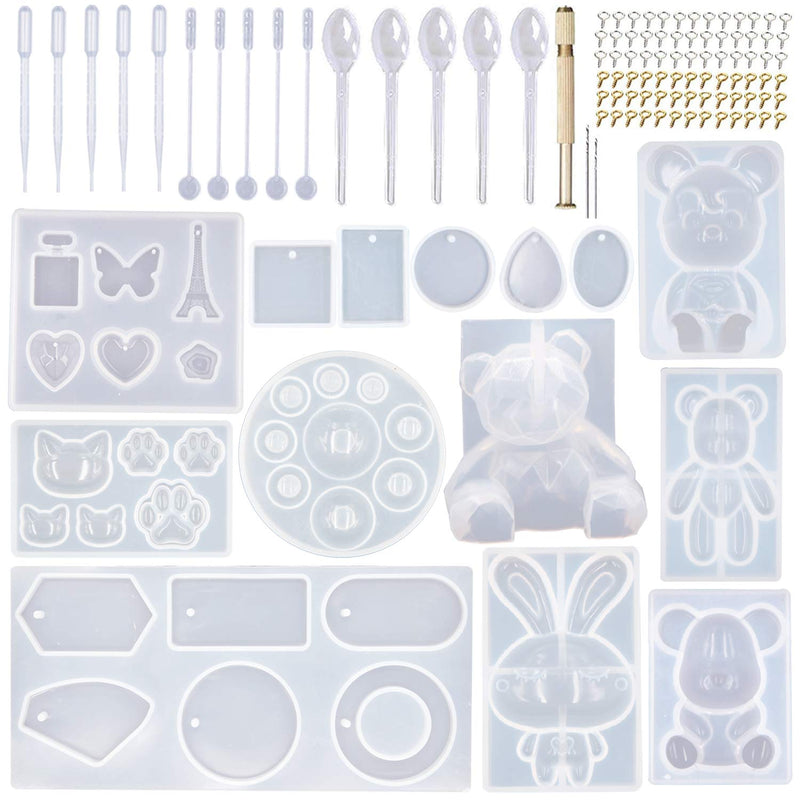 132Pcs Animal Silicone Molds Diy Resin Casting Kit Contains 4 Bears 3D Bear Rabbit Cat Paw Mold Necklace Pendant Time Gem Eiffel Tower Jewelry Crystal