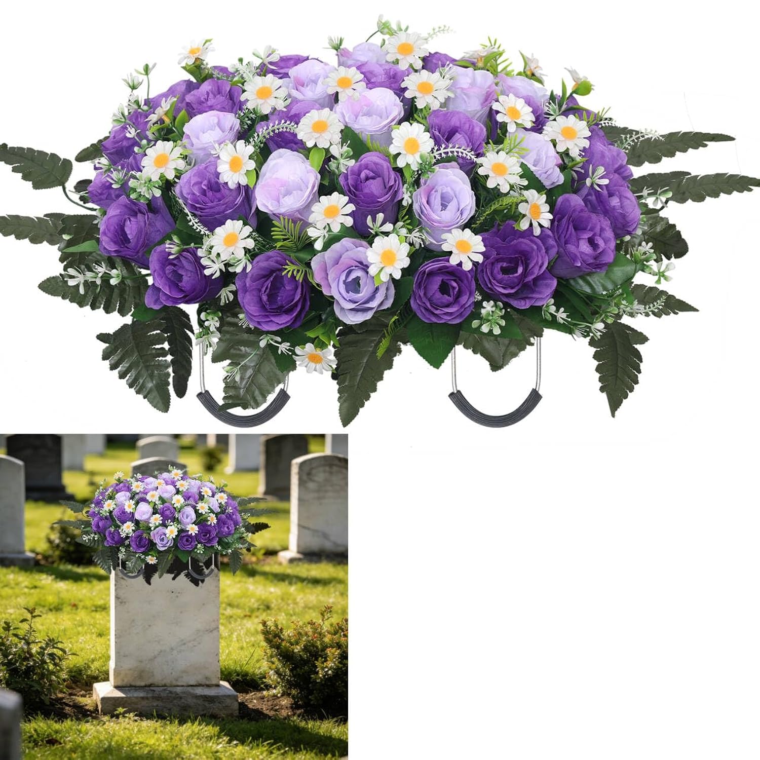 Headstone Flower Saddle,Large Artificial Cemetery Flowers For Grave Artificial Roses Daisy Saddle For Cemetery Headstone (Purple)