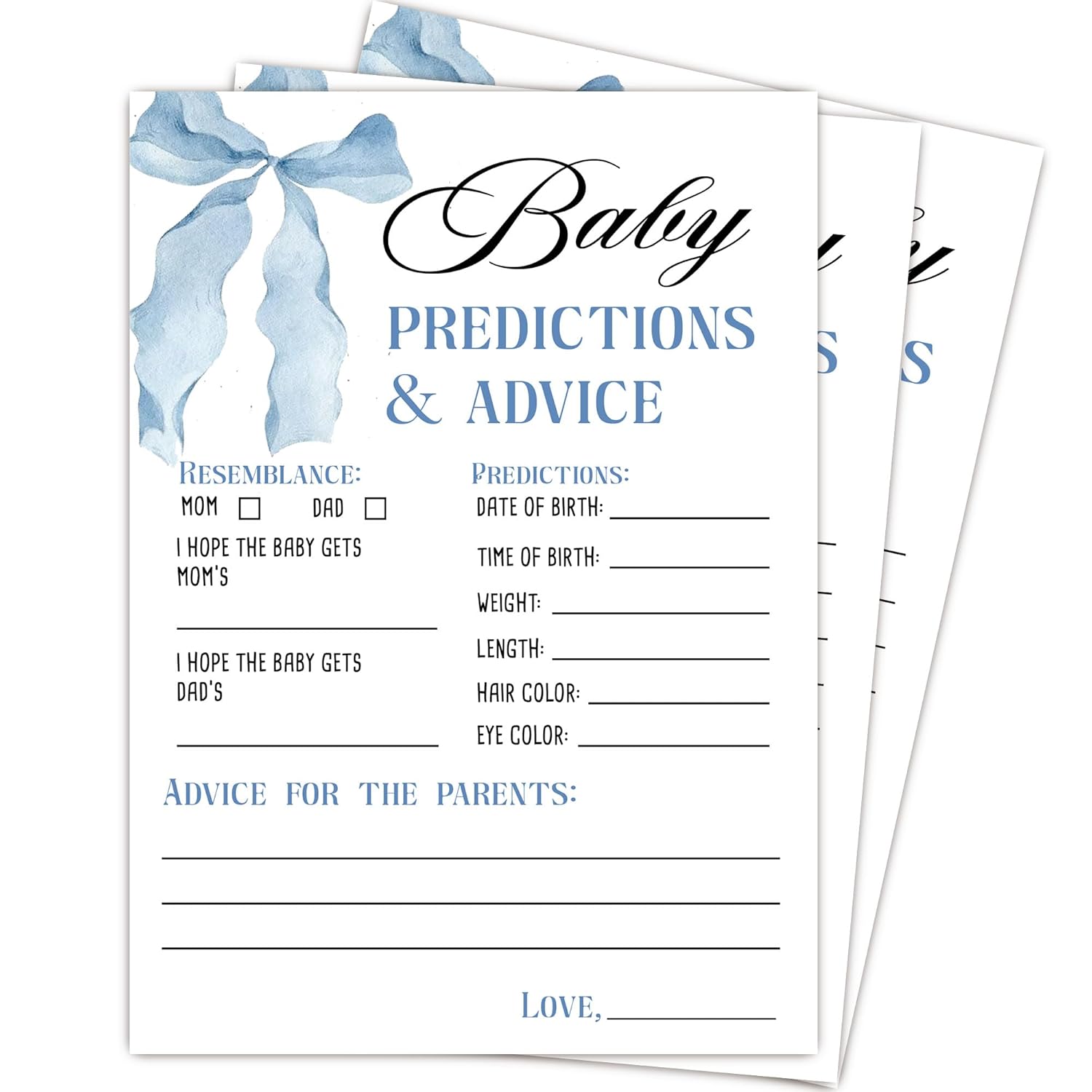 Predictions And Advice Cards, Blue Baby Shower Games For Boy, 25 Gender Neutral Cards, Blue Bow Gender Reveal Games Party Supply Kit, Baby Shower Decorations(5''X7'')-A20