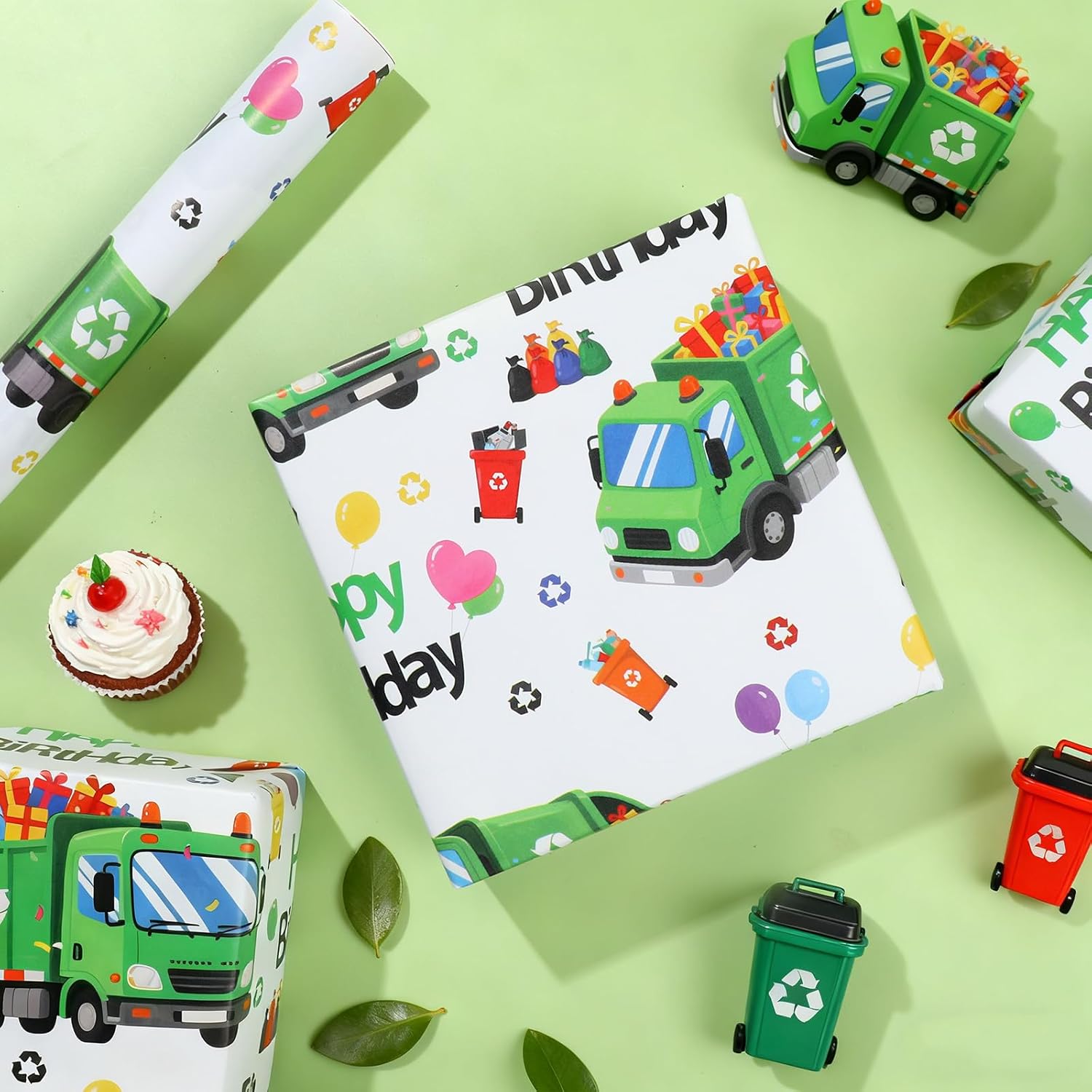 Trash Truck Birthday Wrapping Paper Roll For Boys, Green Garbage Truck Wrapping Paper For Kids Birthday Holiday Baby Shower Party Decorations, 17 Inch X 16.4 Feet