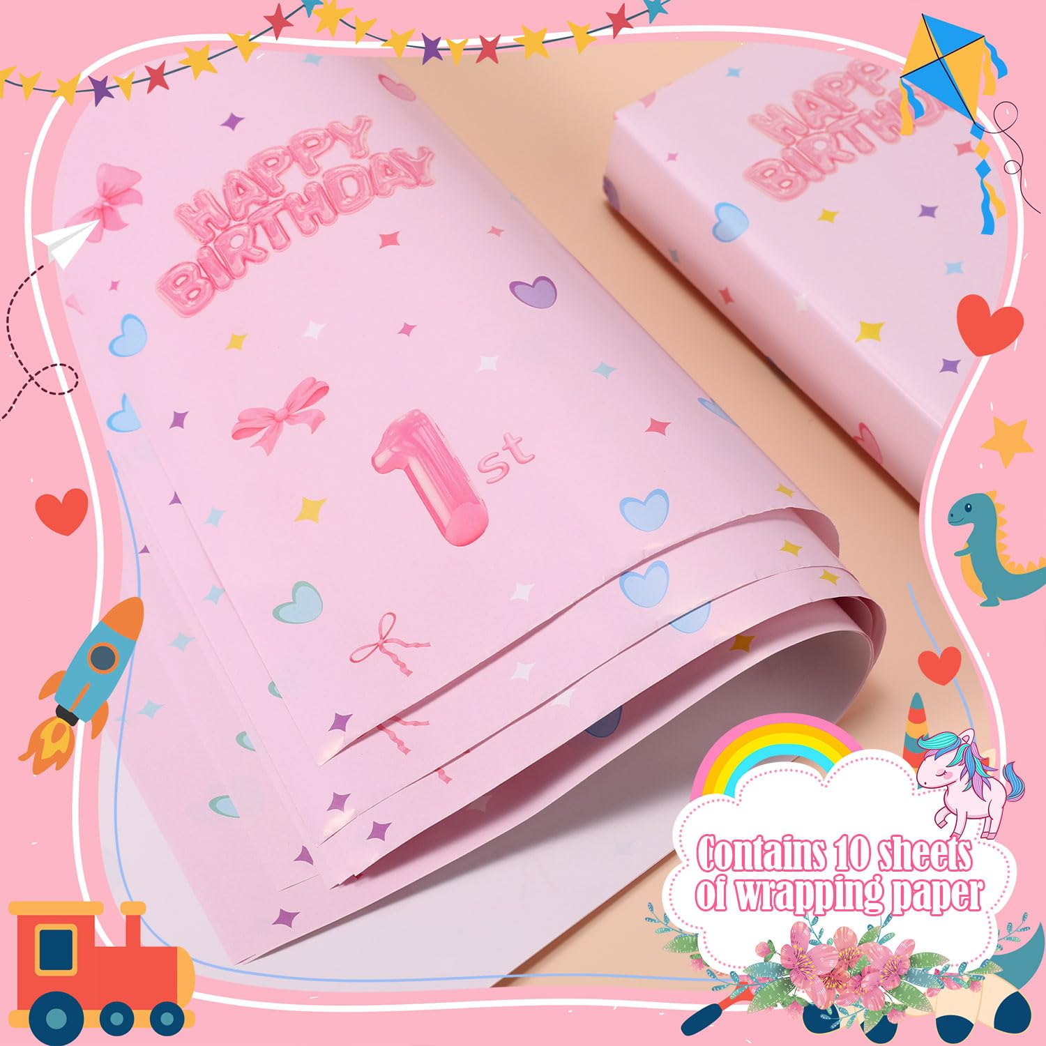 10 Sheets 1St Birthday Wrapping Paper For Girls, 27X16 Inch First Pink Happy Birthday Packaging Tissue Paper For Baby Shower Party Favors Gift Wrap (Style 3)