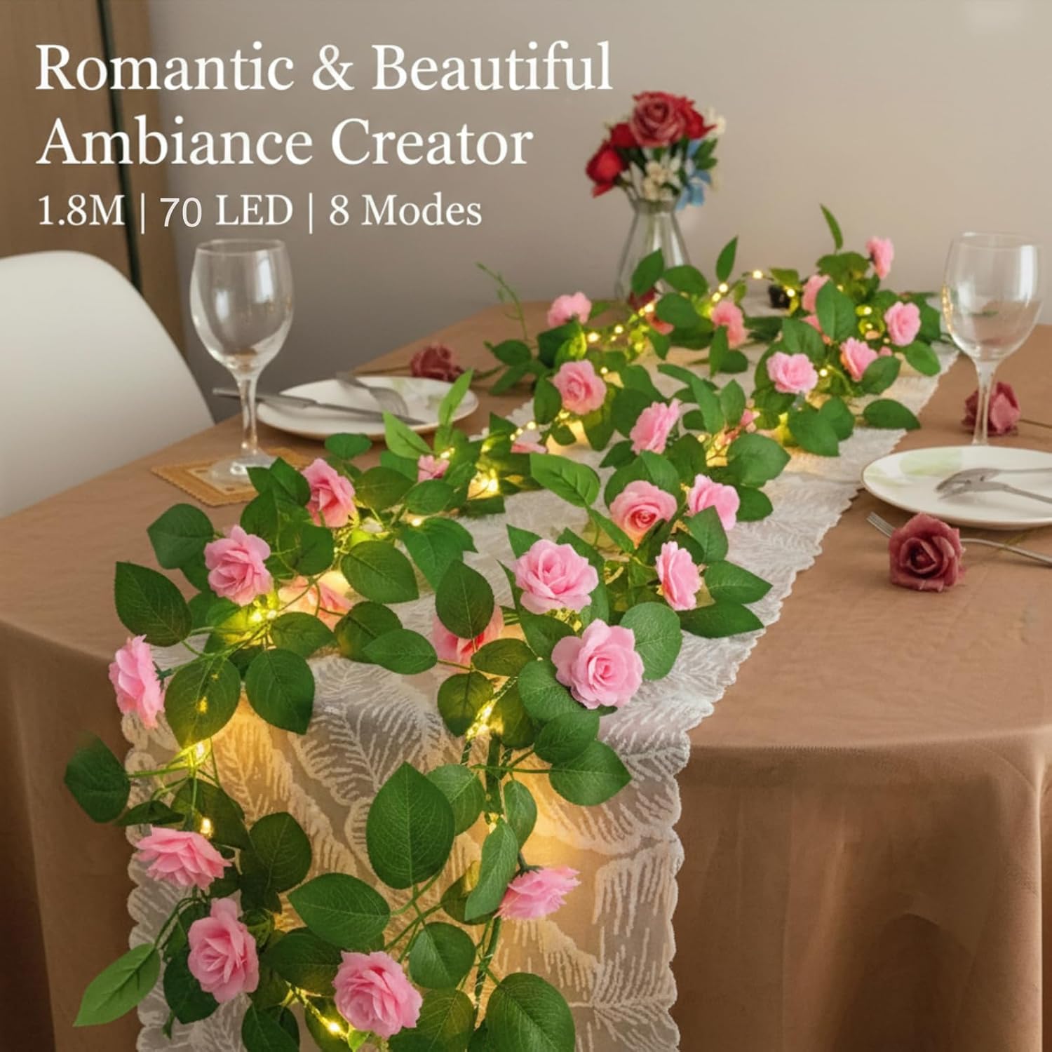 70 Led Artificial Rose Flower Garland With Lights Battery Operated With Timer & 8 Modes, 5.9 Ft Pink Flower Garland String Fairy Lights For Wedding Arch Party Garden Table Centerpiece Decor