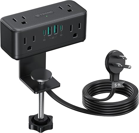 Desk Clamp Power Strip 6 Outlets 4 USB Ports 2 USB C 5FT Flat Plug Surge Protector 900J Black