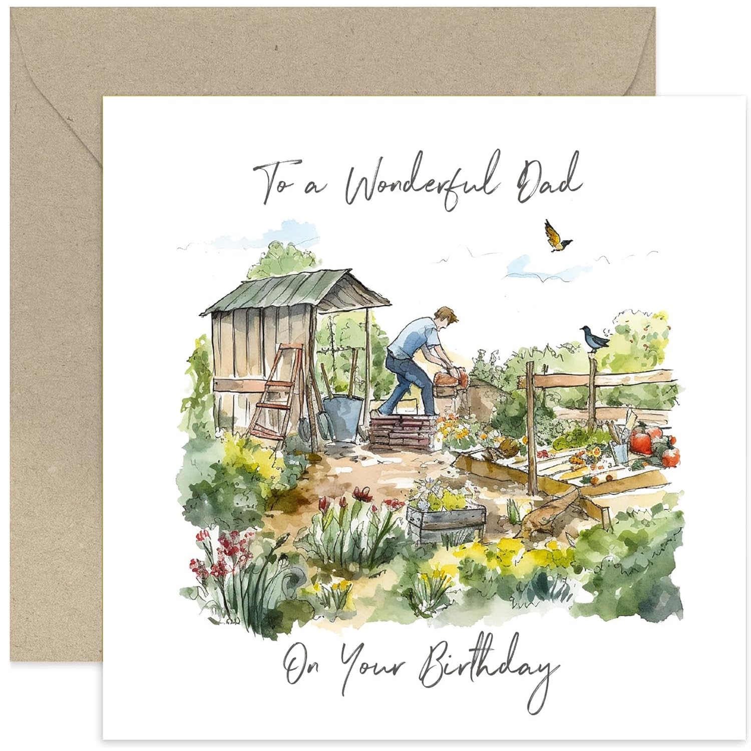 Old English Co. Gardening Happy Birthday Card For Dad - Garden Vegetable Allotment Greeting Card For Dad From Son Daughter - Birthday Cards For Him | Blank Inside With Envelope