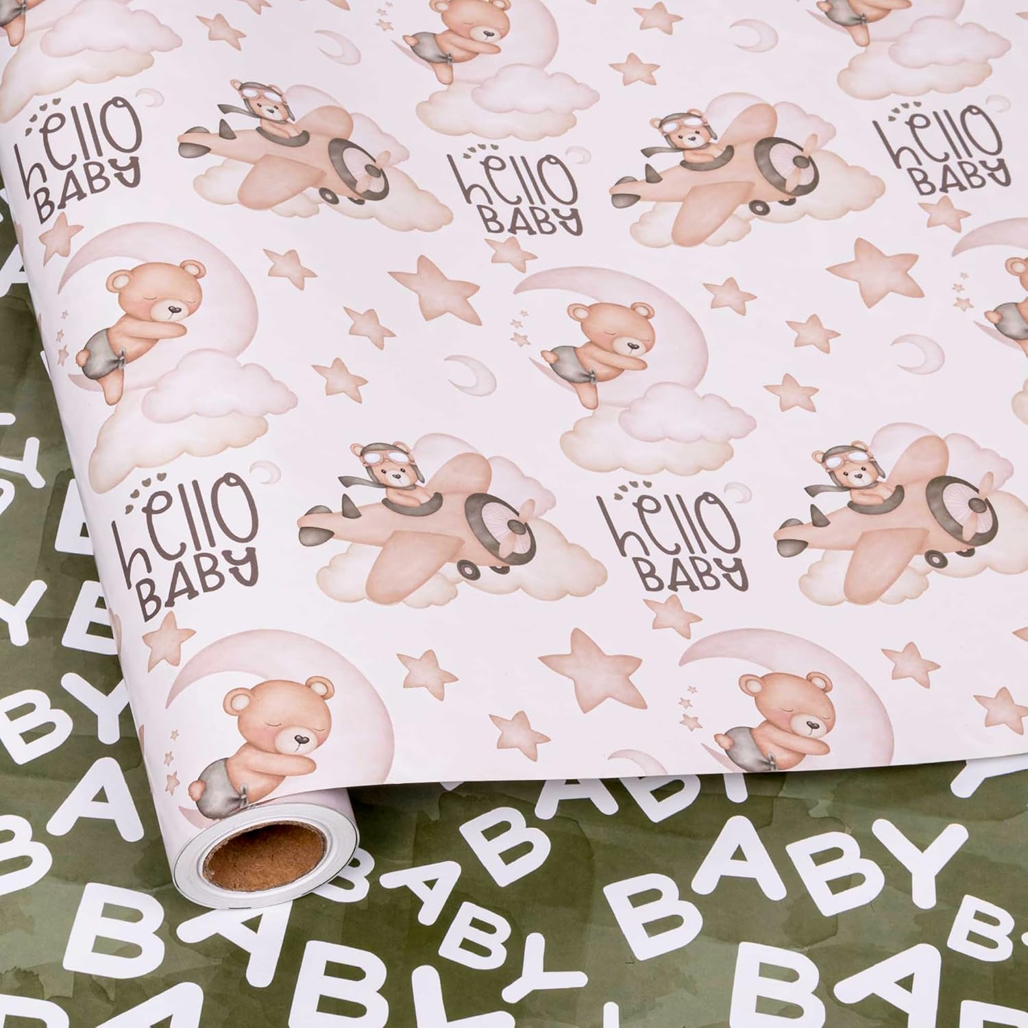 Reverible Baby Shower Wrapping Paper Roll Baby Gift Wrap Sheets With Green Brown Bear Airplane And Baby Words Pattern For Girls Boys Wedding Neutral Baby Shower Birthday Party - Total 28.5Sq.Ft