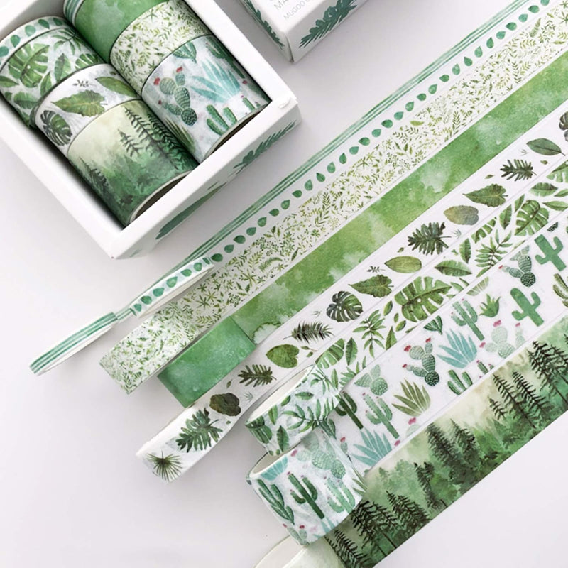 8Rolls Green Washi Tape, Spring Floral Masking Tape Set Decorative For Scrapbo