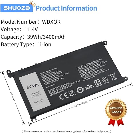 Dell WDX0R WDXOR 42Wh Laptop Battery Replacement for Inspiron 5570 7579 3CRH3