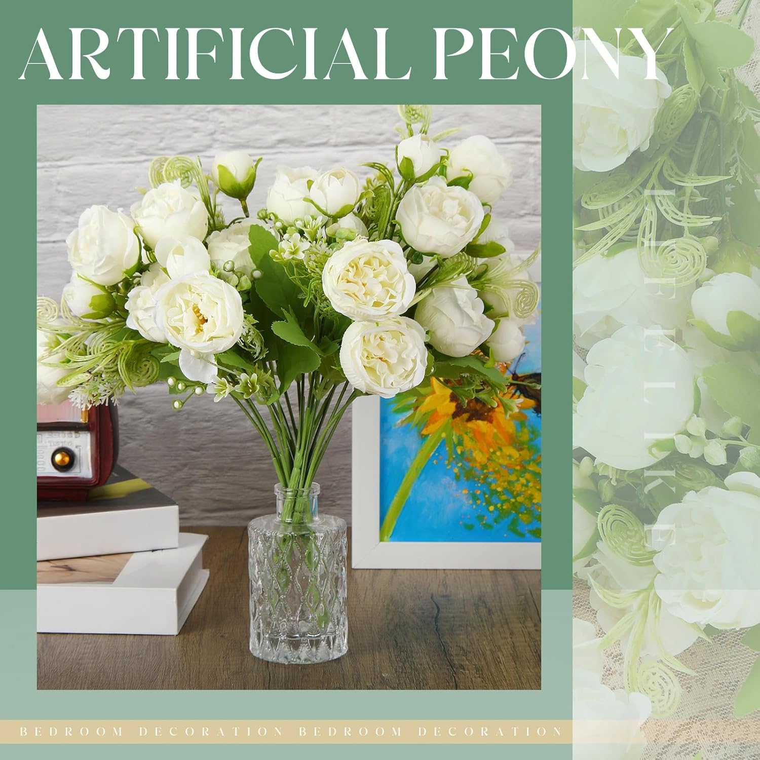 16 Bundles Peonies Artificial Flowers Bulk Wedding Silk Faux Flowers With Stems Faux Peony Wedding Bouquets For Bride Florals Arrangements Decor For Table Centerpiece Vase Decoration(White)