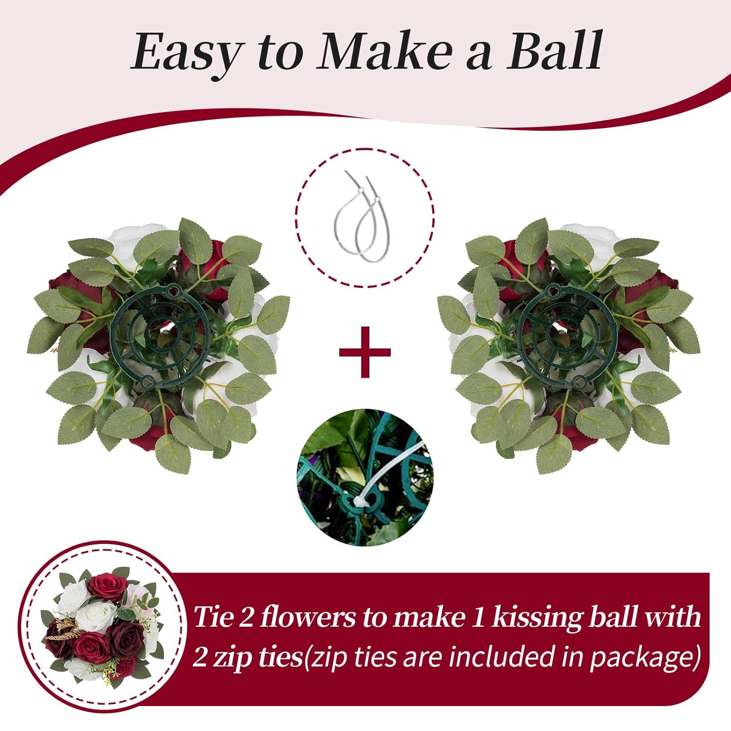 Artificial Flowers Ball Wedding Centerpieces 2 Pcs Burgundy Rose Artificial Flower Center Pieces Decoration For Table Silk Kissing Ball Faux Floral Bouquet Arrangements Home Party Diy Decor