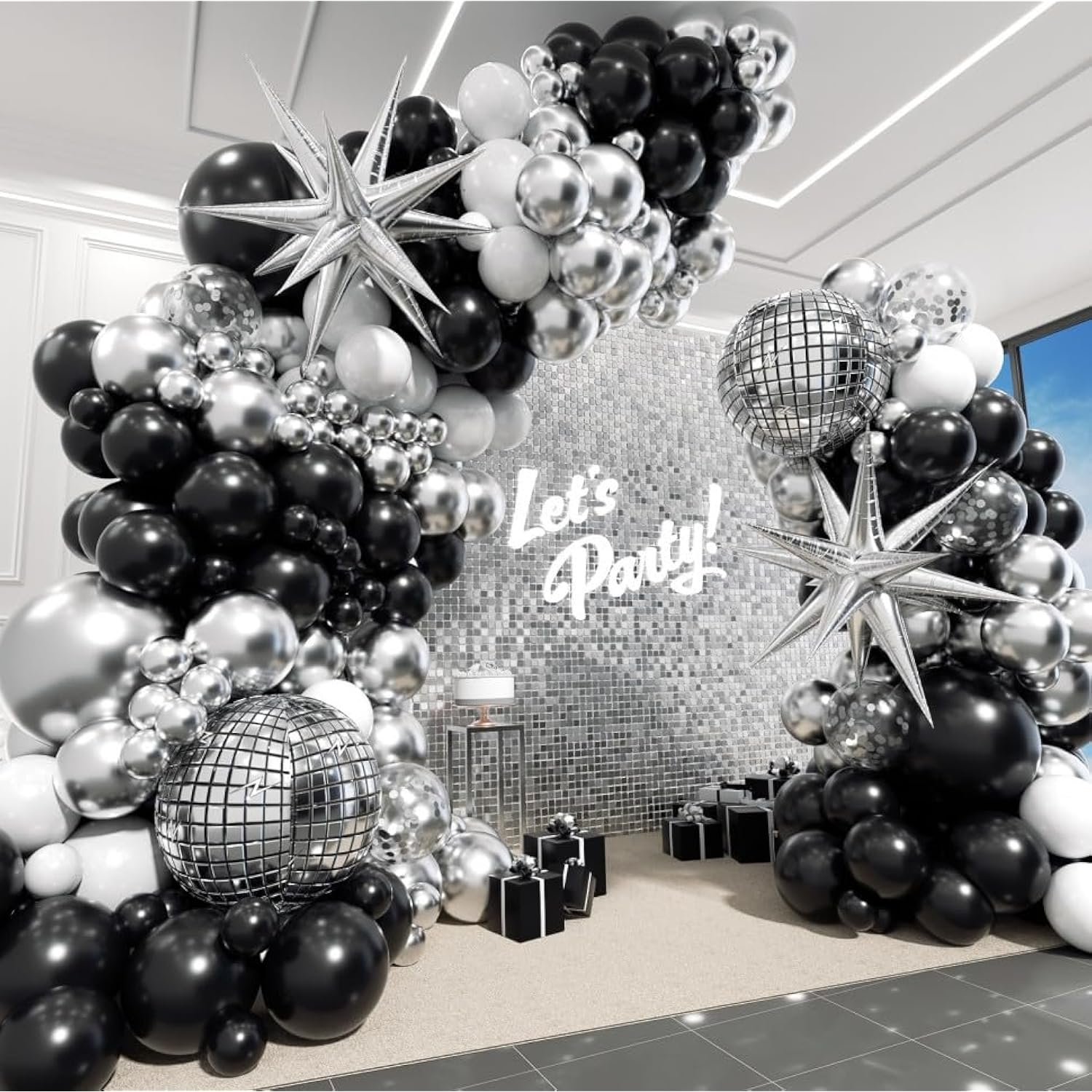 123Pcs Black And Silver Balloon Arch Kit With Black White Metallic Silver Confetti Foil Balloons Disco Ball Balloons For Black And Silver Disco Birthday Party Decorations