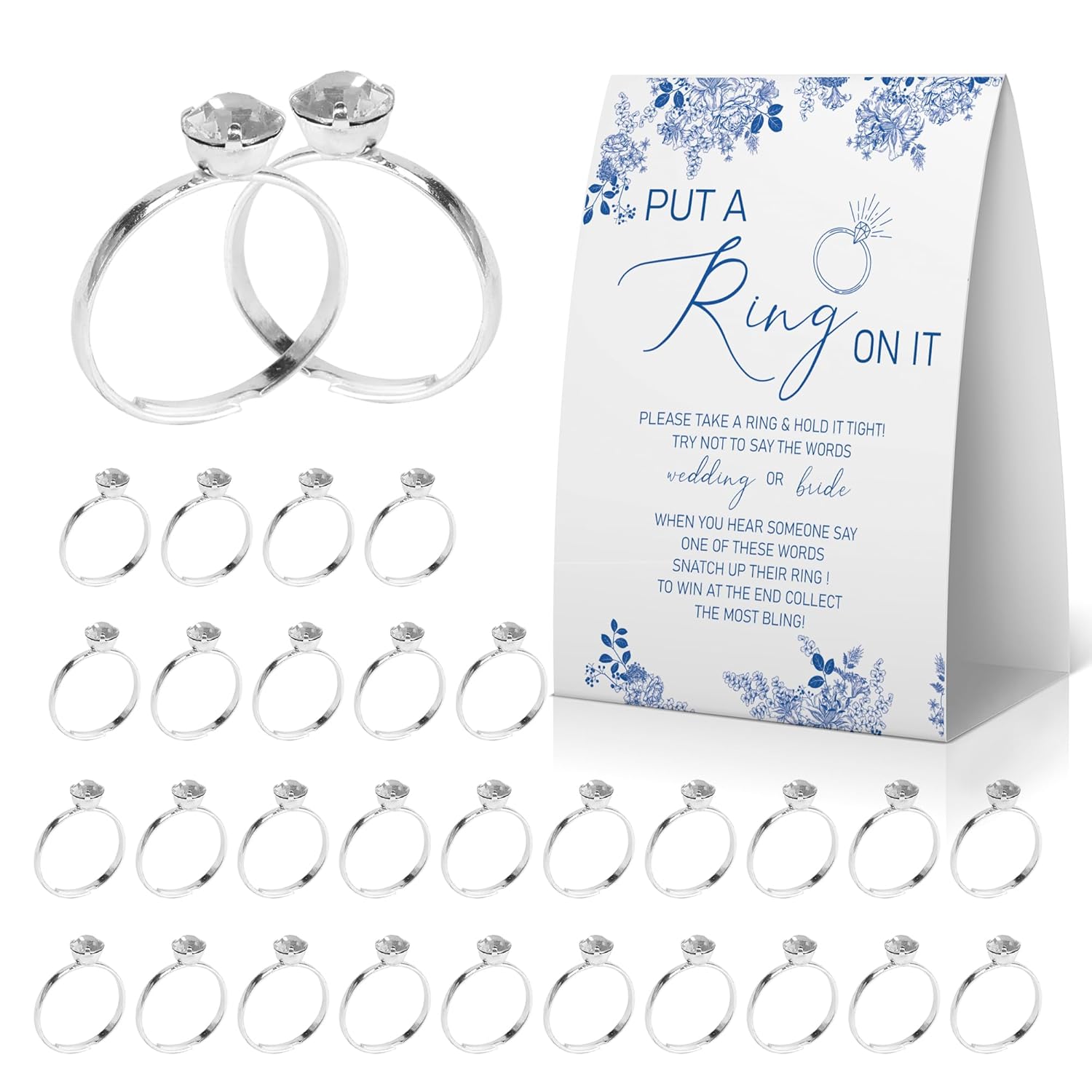 Put A Ring On It Bridal Shower Game, Don'T Say Bride Ring Game, Something Blue Before I Do Decorations, Blue Floral Sign With 50 Fake Rings, Wedding Shower Games 50 Guests -Rgput04