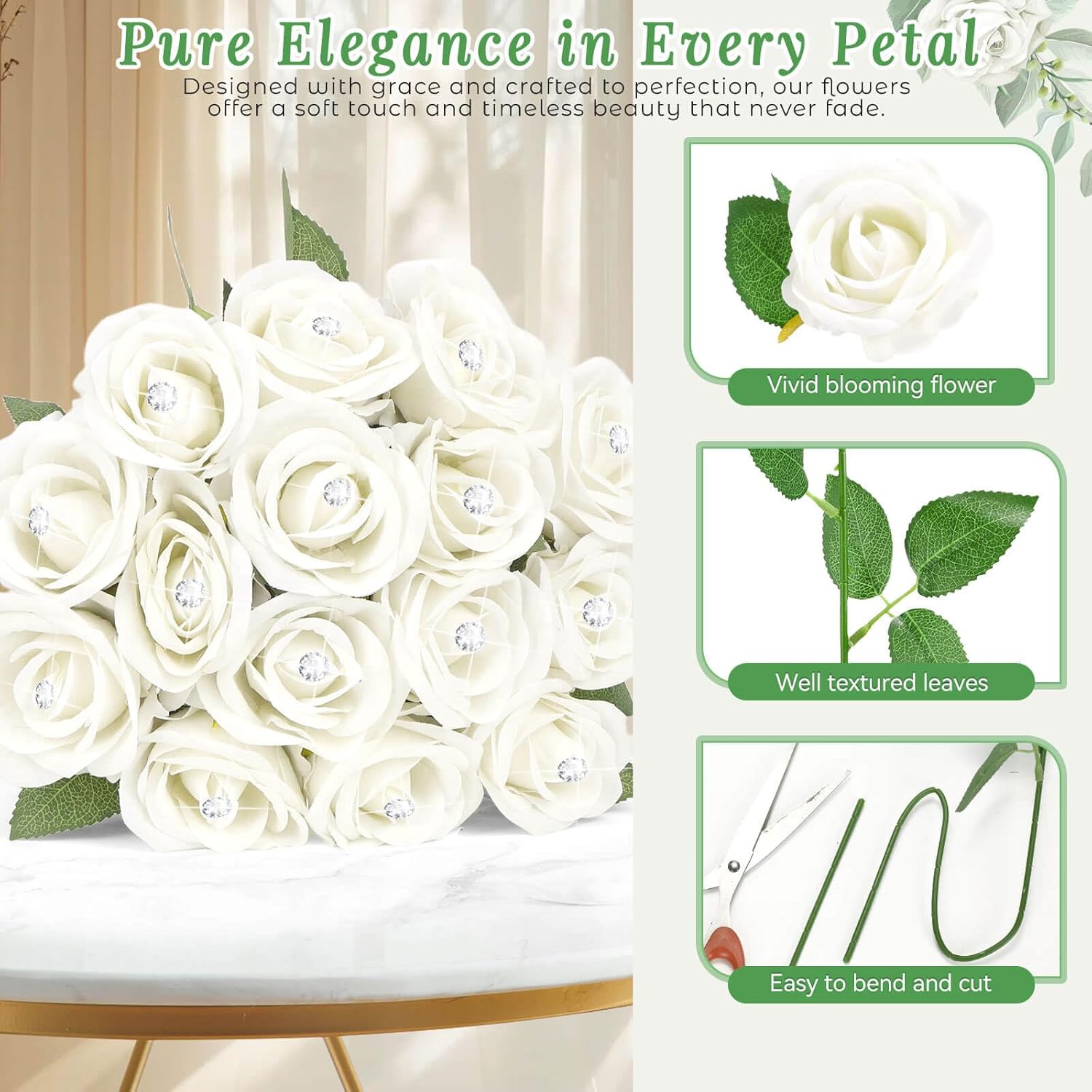 15Pcs White Rose Artificial Flowers With 15Pcs Diamond Pins For Bouquets, Fake Silk Roses Flower For Home Decoration Wedding Party Table Centerpieces