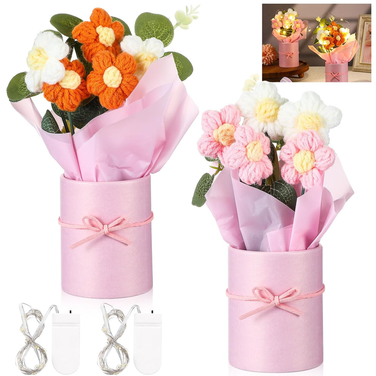2 Sets Crochet Flowers Bouquet With String Lights, Handmade Knitted Crochet Bouquet Decoration Artificial Versatile Flowers For Mother'S Day Home Decor Party Gift Plants, Pink And Orange