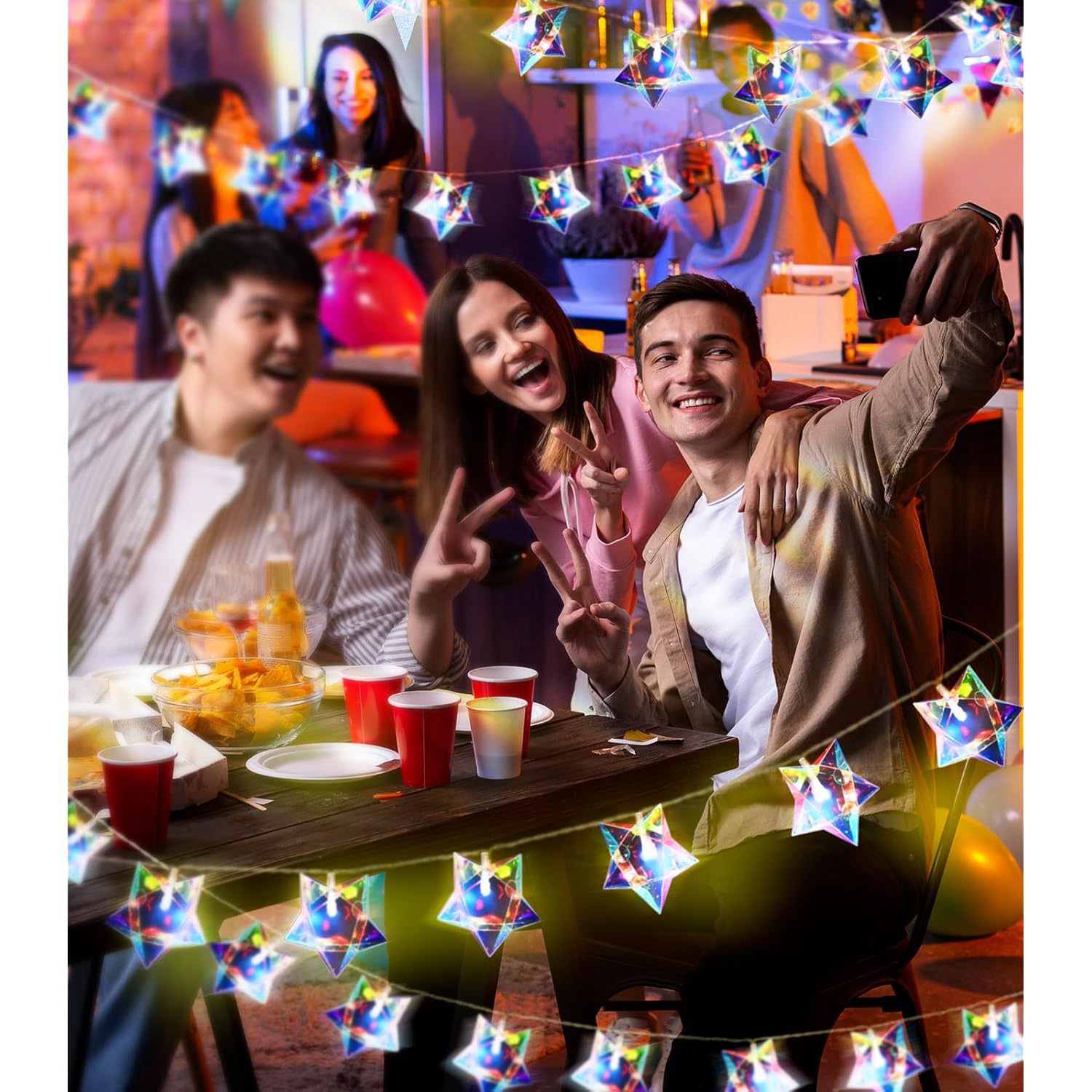 Iridescent Decor 10Ft Star String Lights 20 Led Usb/Battery Operated String Lights Indoor/Outdoor, Holographic Decor For