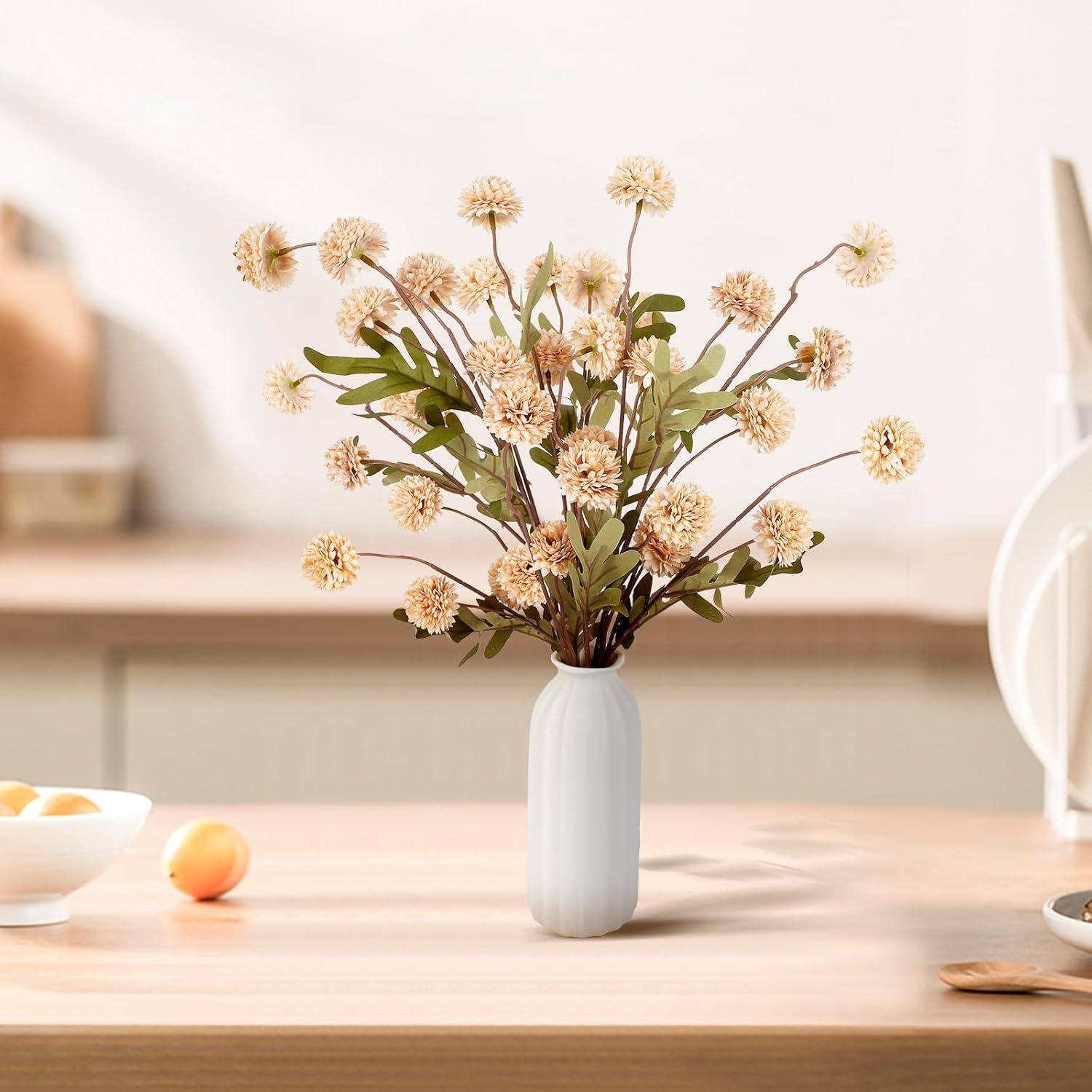 Beige Pompon Mums Artificial Flowers, 8Pcs Stems Faux Silk Mini Chrysanth, Bulk Fake Wedding Filler Flowers Flower Ball For Diy Bouquet Centerpieces Floral Arrangements Shower Decorations