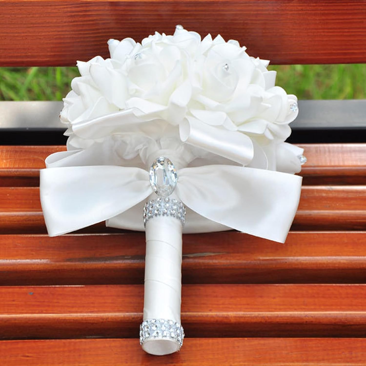 Wedding Bouquets For Bride & Bridesmaid - Hand Roses & Silk Roses Crystal Diamond Artificial Flowers For Wedding Parties, Churches (White)
