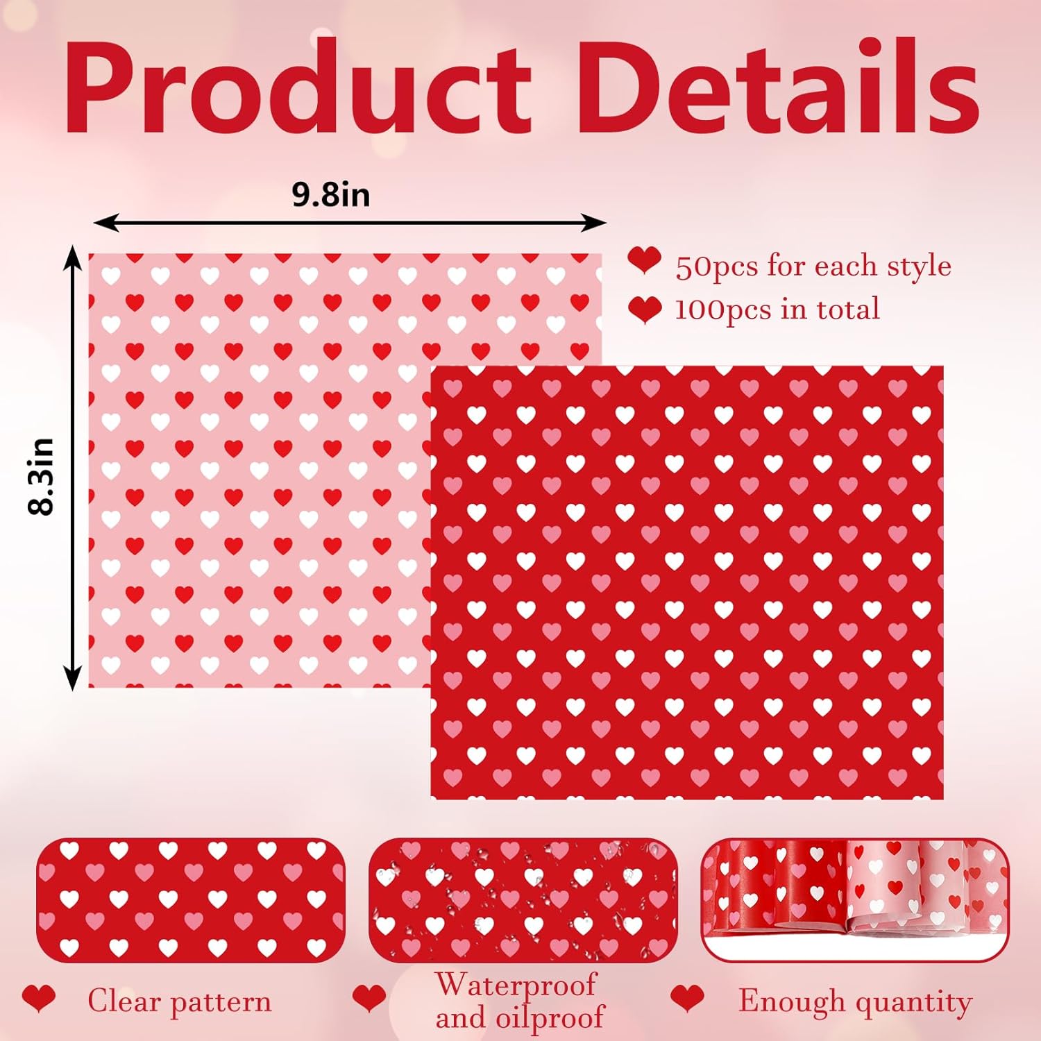 100 Pcs Valentine'S Day Wax Paper Red Pink Heart Waterproof Oil-Proof Deli Paper Tissue Sheets For Food Sandwich Picnic Basket Liners Kitchen Bakery Party Decor Supplies