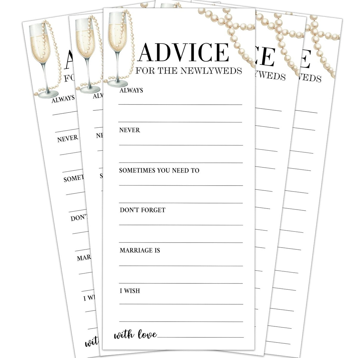 Wedding Shower Games Cards, Advice Cards For The New Couples Mr And Mrs, 25 Pcs Pearls And Champagne Bridal Wedding Activities Game For Guests, Bridal Shower Party Decorations, 4X9 Inch-C09