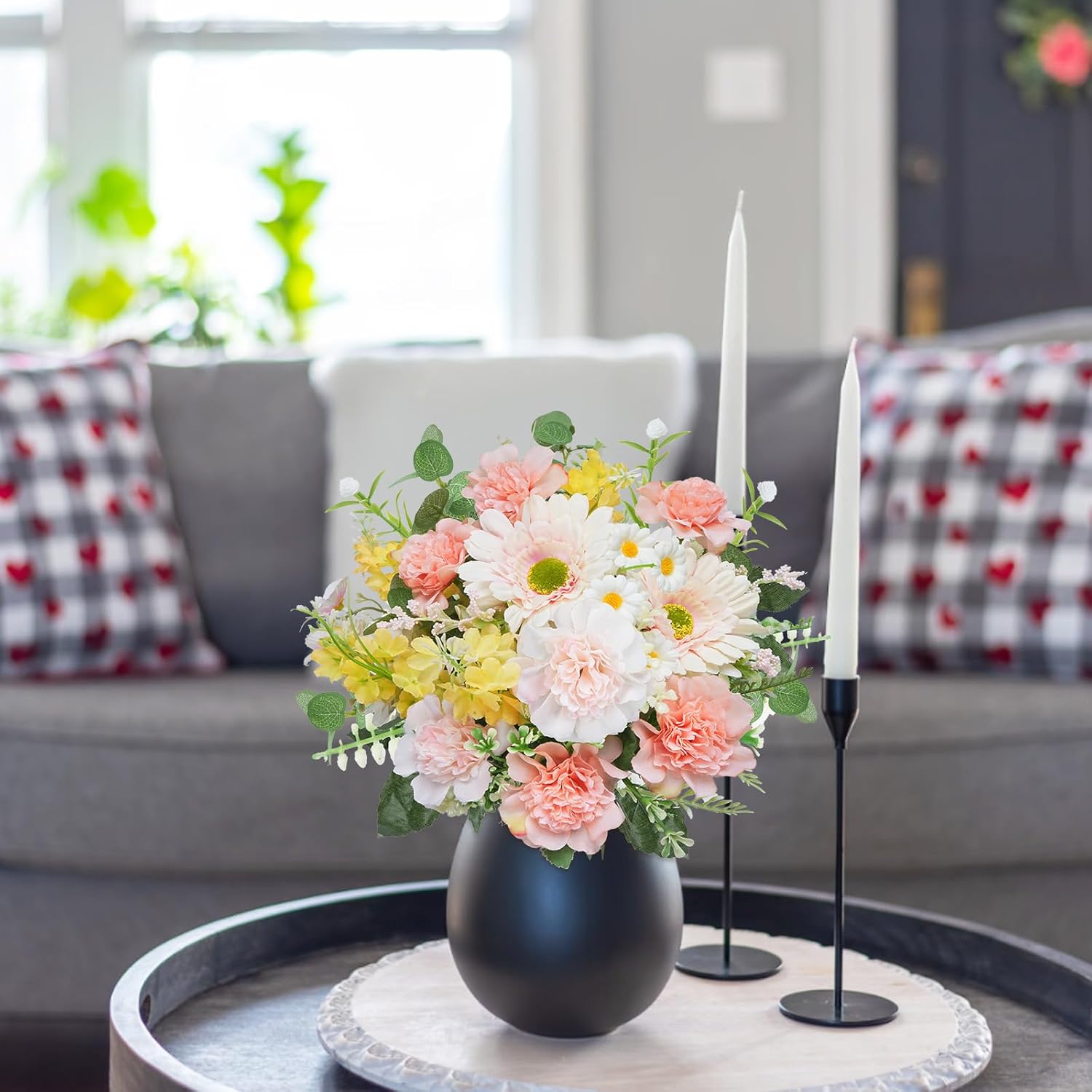 16.6’’ Silk Artificial Spring Bouquet Flowers - White & Pink Dahlia, Daisy Fake Wildflowers And Yellow Lilac, Faux Floral Arrangements For Wedding Centerpieces, Home Decor, Table Vase Cemetery