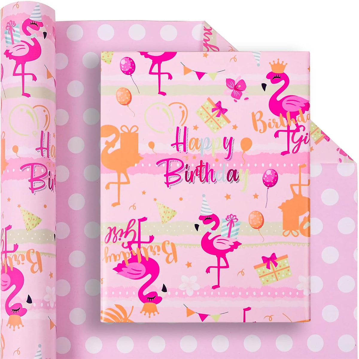 Reversible Flamingo Wrapping Paper Roll For Kids Girls Women - Pink Gold Flamingo Happy Birthday And Polka Dot Design Gift Wrap Sheets For Summer Baby Shower Party Total 28.5Sq.Ft