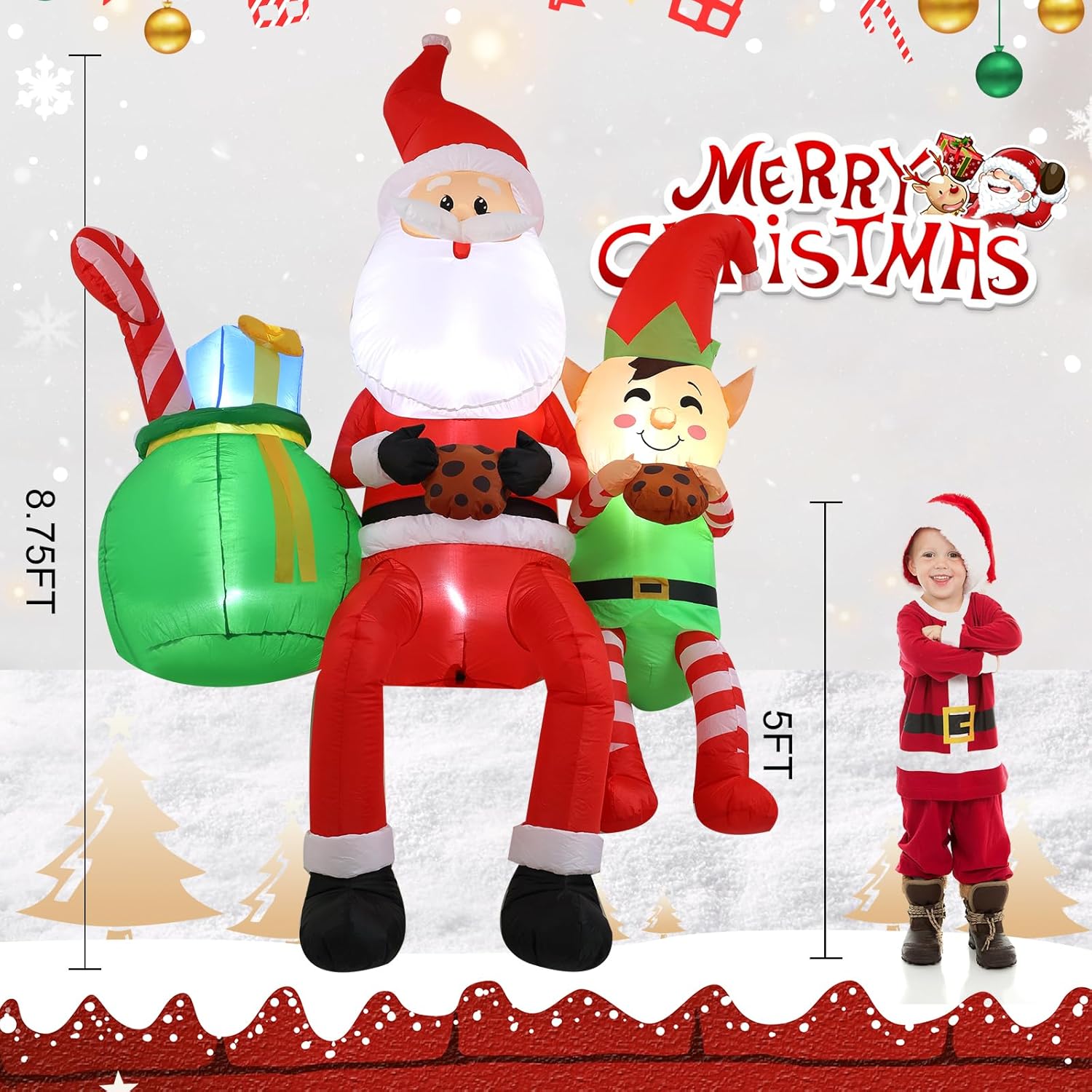 8Ft Santa Claus Sitting On The Roof Christmas Inflatable Decoration With Led Lights, Suitable For Holiday Celebration De