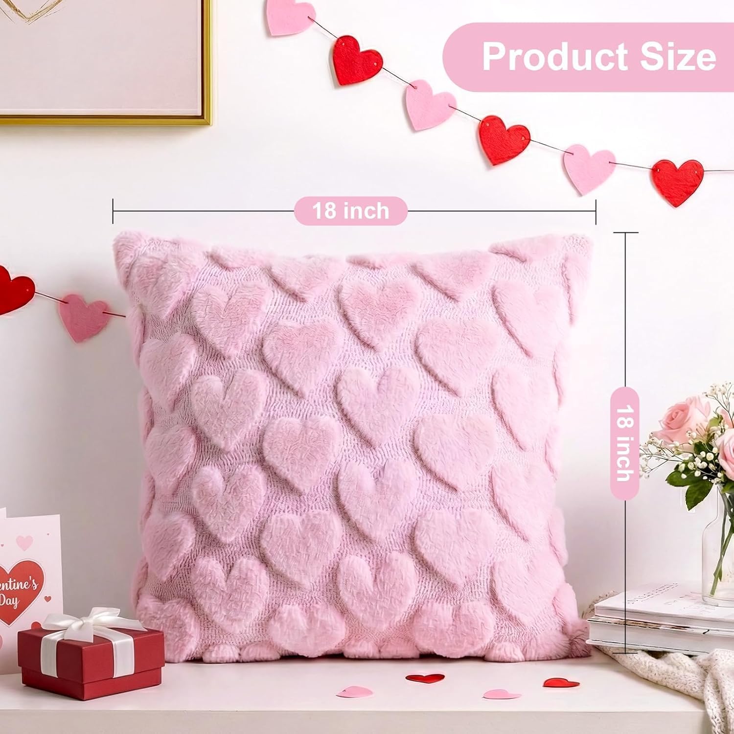 Valentines Pillow Covers 18X18 Inch Set Of 2, Valentines Day Decorations Pink Soft Plush Faux Fur Jacquard Heart Throw Pillow Covers For Couch Sofa Home Office Living Room Bedroom Decor (Pink)