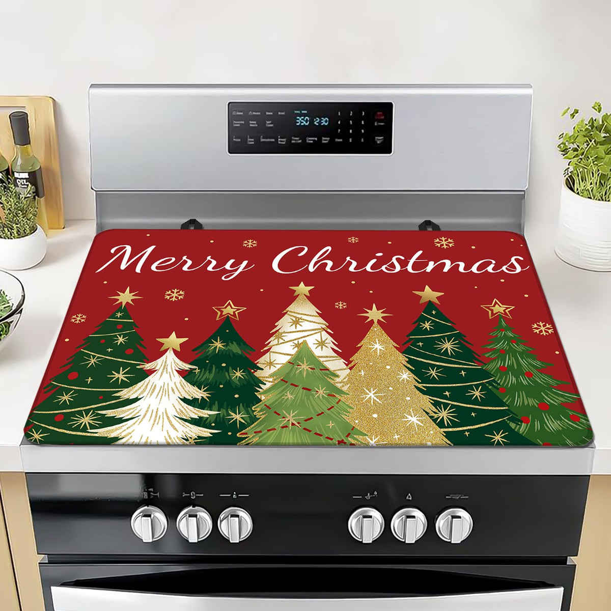 Christmas Trees Stove Cover, Merry Christmas Stove Top Cover For Gas Stove Xmas Red Winter Kitchen Decor Glass Stove Top Pad Heat Resistant Electric Stove Protector Washable Cooktop Oven Mat