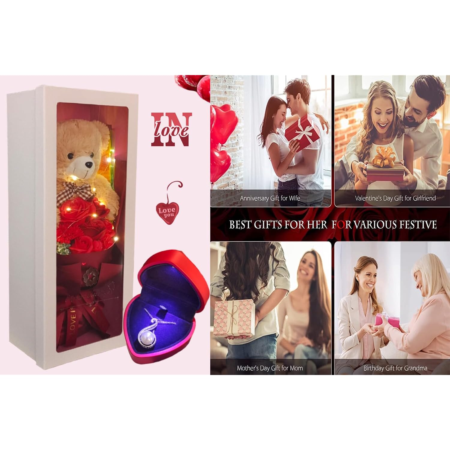 Preserved Rose Bouquet Flowers With Teddy Bear - Red Roses Artificial Flowers With Pearl Necklace For Her - Love Gift Mother'S Day,Valentine'S Day,Birthday (Red)