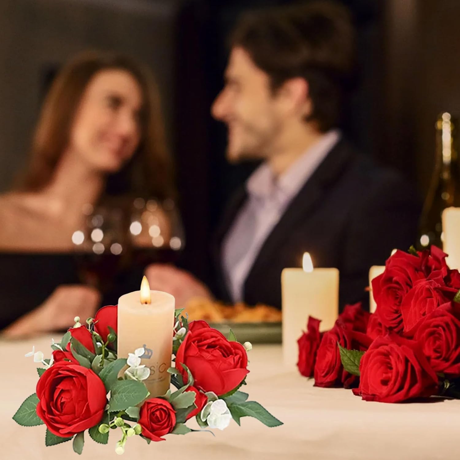 Valentines Red Roses Candle Rings Wreaths Artificial Flowers Wedding Centerpieces Candle Holder With Green Leaves For Engagement Farmhouse Party Front Door Home Tables Decoration Supplies