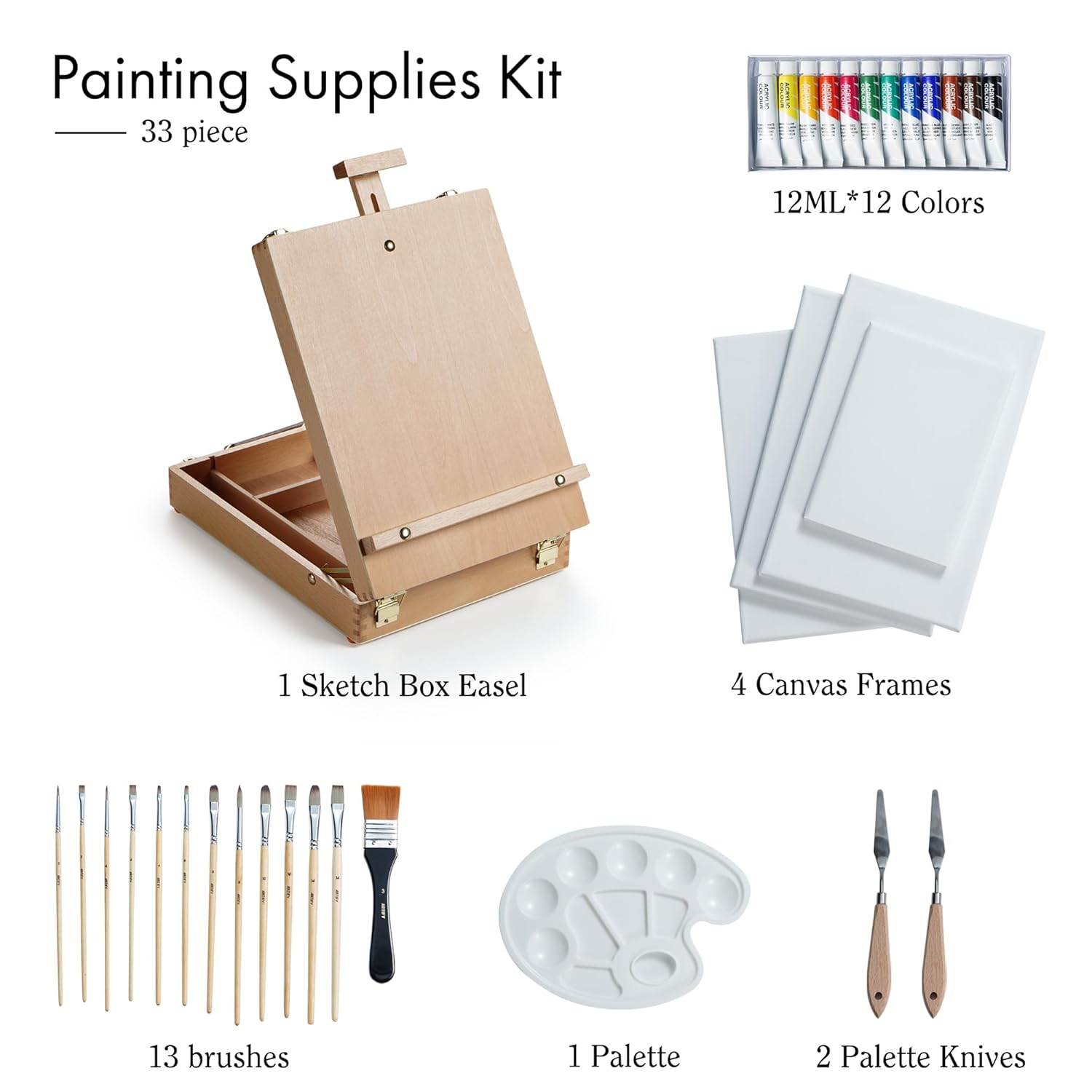 Kit, Tabletop Easel Set With 12 Acrylic Paints, 13 Paint Brushes, 4 Canvas Boards, 2 Palette Knives & Plastic Palette, Gift For Artists & Adults