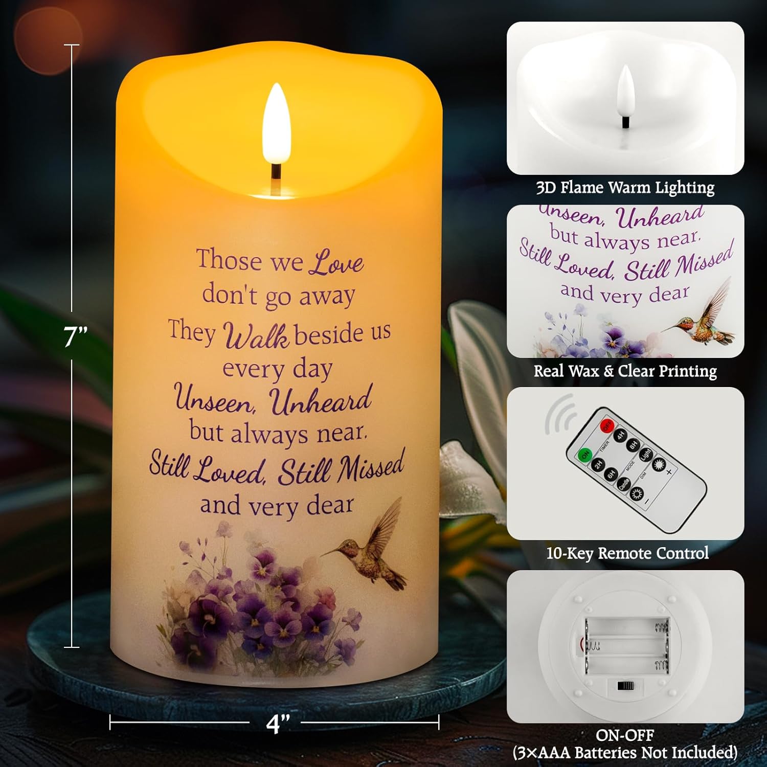 Hummingbird Flameless Memorial Candle, Real Wax Led Light With Remote For Loss Of Loved One, Mother, Father - Remembrance Gift (4" X 7")
