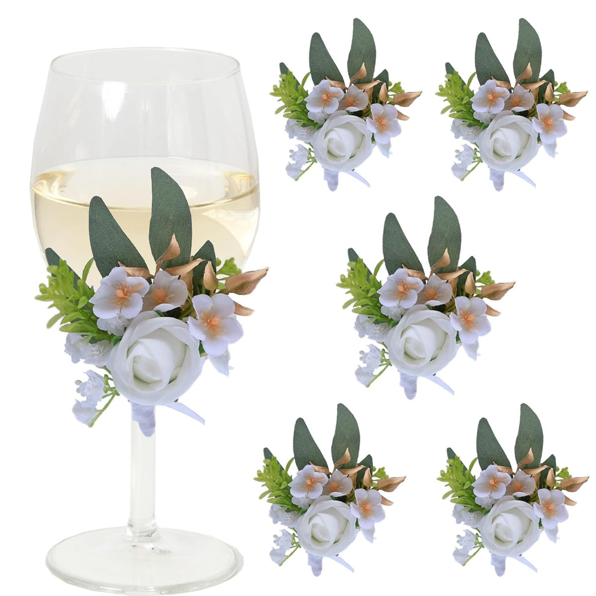 6Pcs Wine Cup Flower Set, Dining Tables, Plates Decorations?White Artificial Flowers Wine Cup For Wedding Ceremony Anniversary, Wedding Home Decor (White)