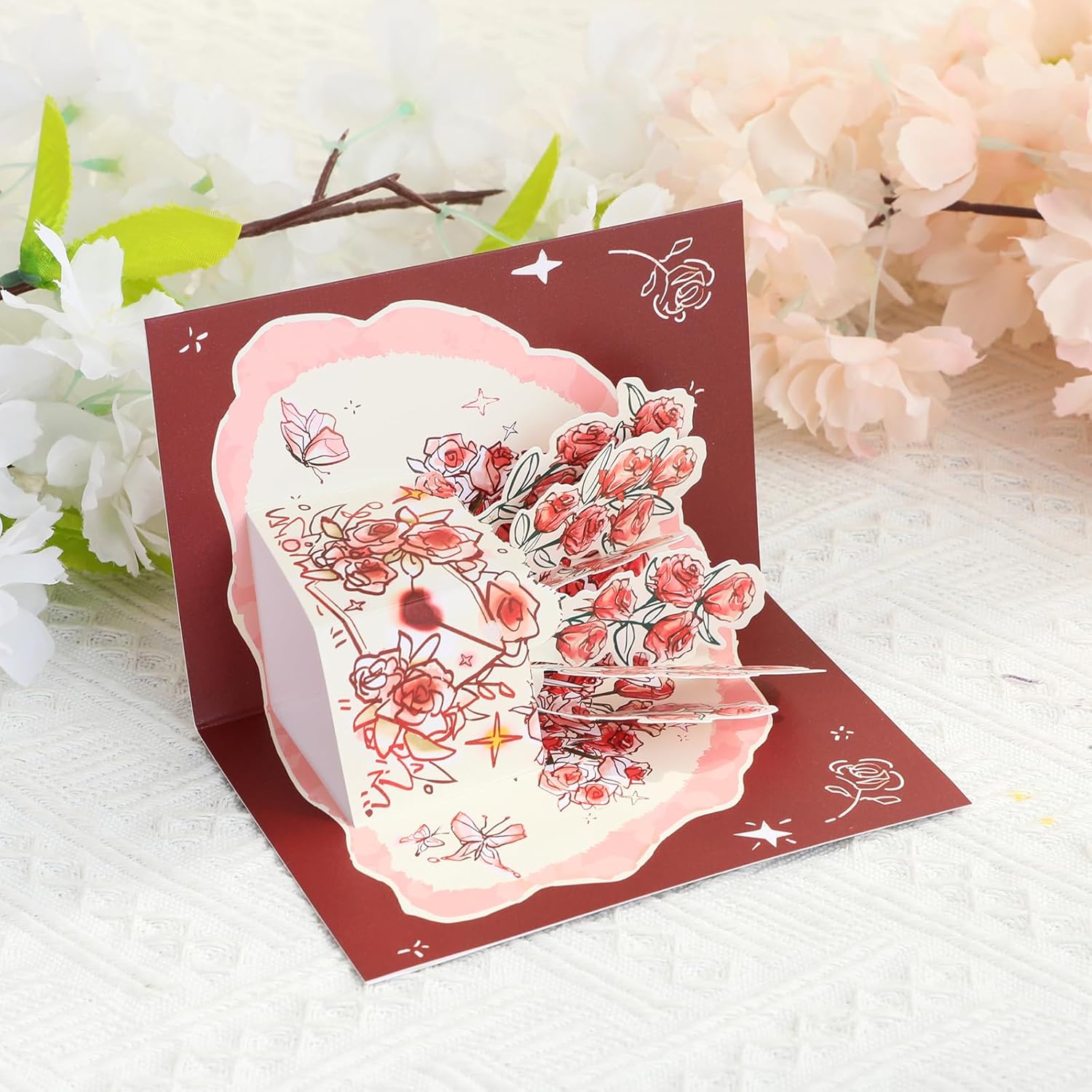 Pop Up Red Rose Flower Card 3D Paper Flower Card for Mother's Day Birthday Anniversry Valentines Day Thank You, 6 IN Romantic Card for Mom Wife Girlfriend with Message Tag and Envelope